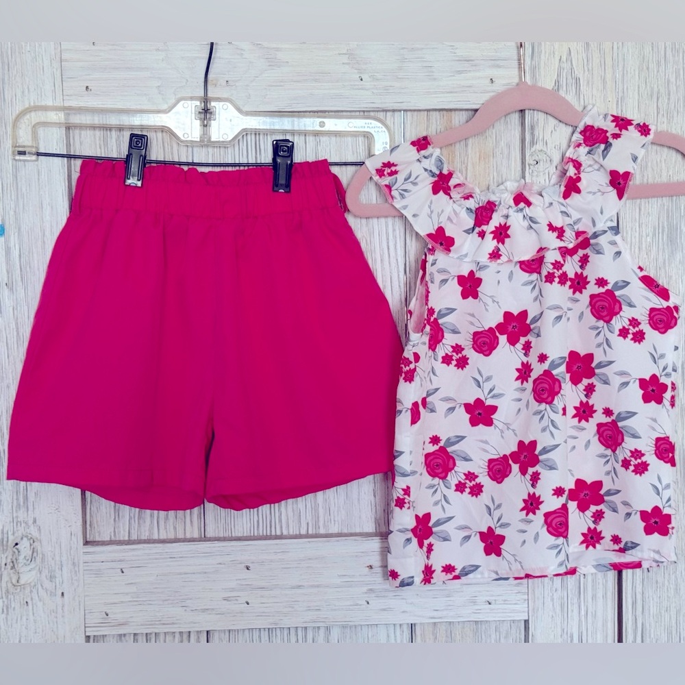 Unbranded Pink & White Floral Little Girls Short Set sz 7yr fits like sz 6/6